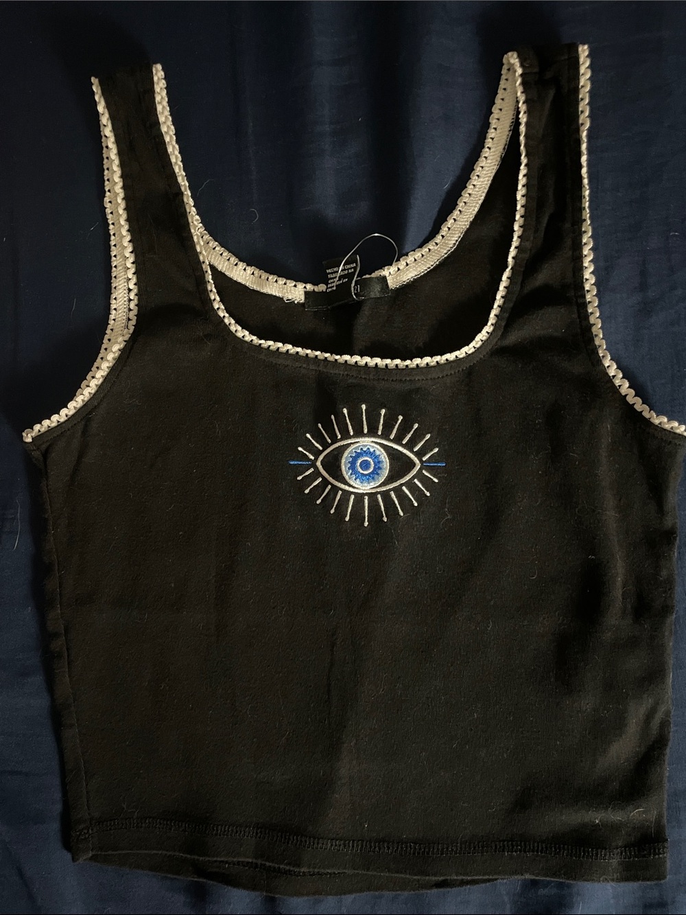 Forever 21 Black Tank Top with Blue Eye Embroidery
